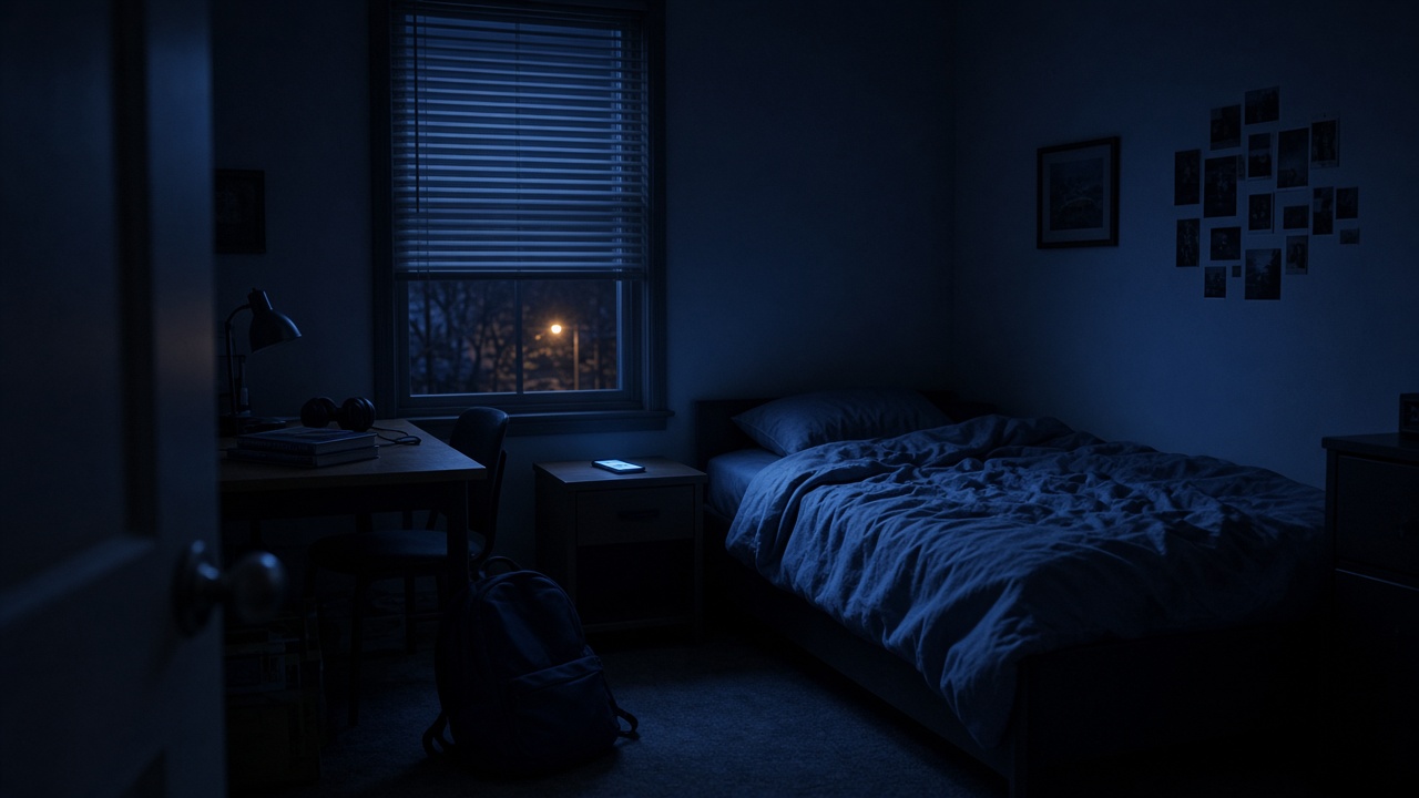 A dark teenage bedroom at night, with an unmade bed, a phone on the nightstand, and a streetlight outside the blinds.
