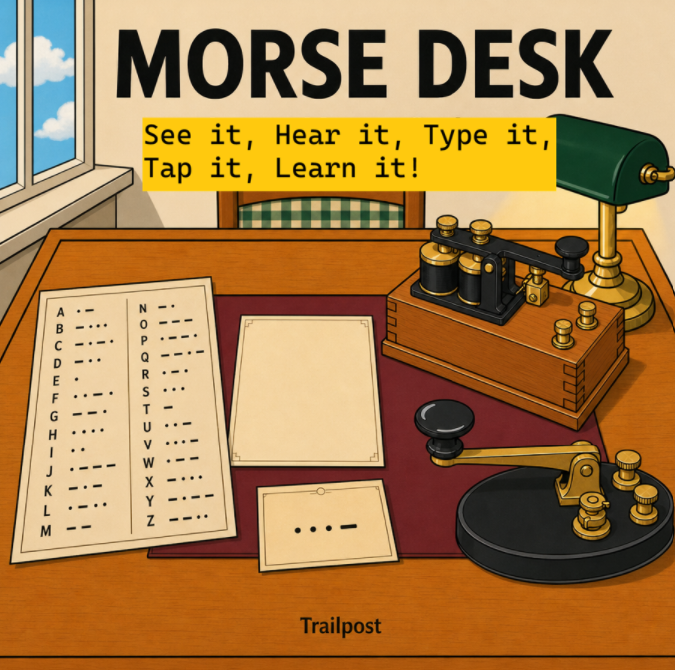 Morse Desk product art: a wooden telegraph desk with a Morse chart, blank paper, a sounder, and a telegraph key.